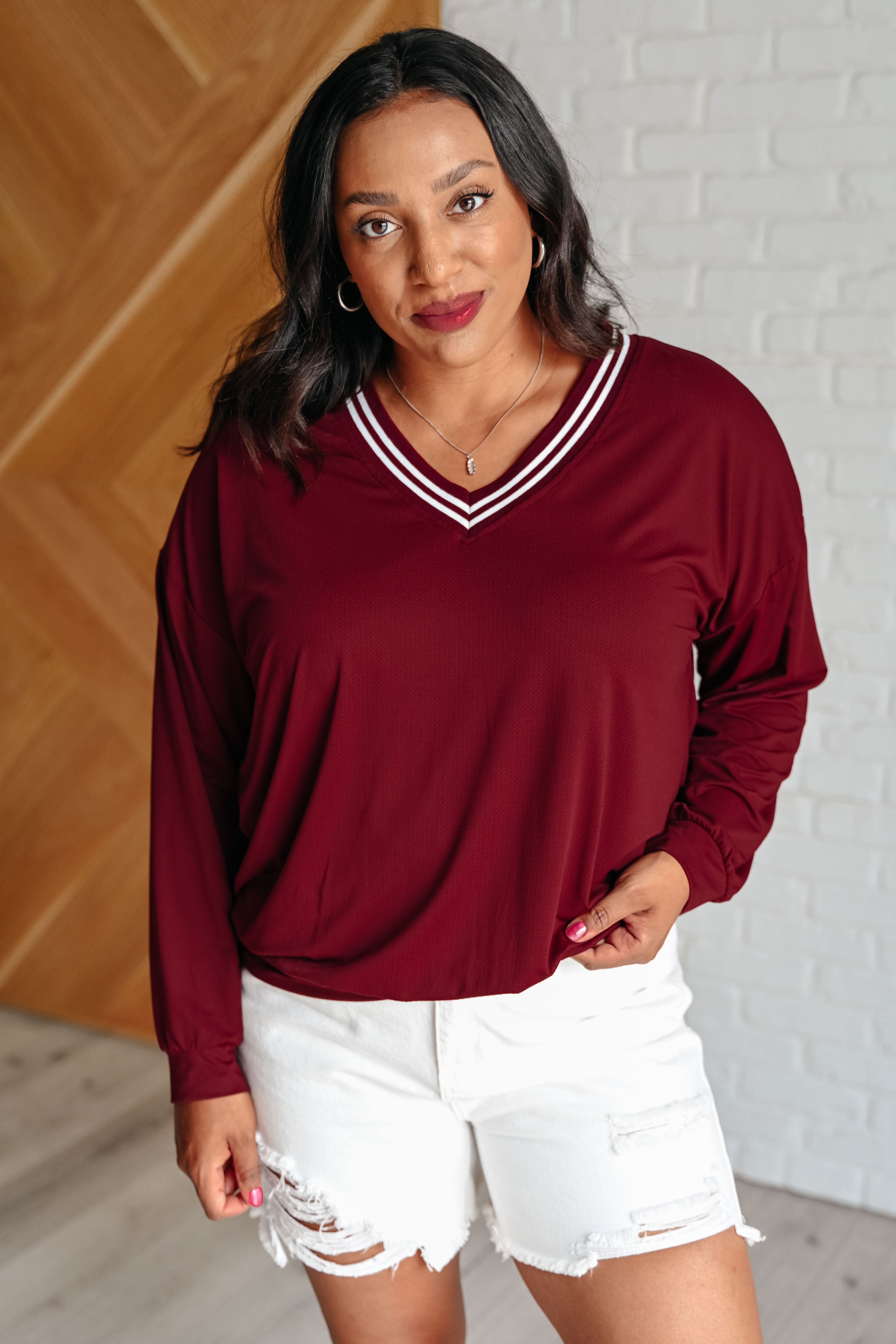 Rae Mode All Out Comfort V-Neck Pullover in Red Merlot Shirts & Tops