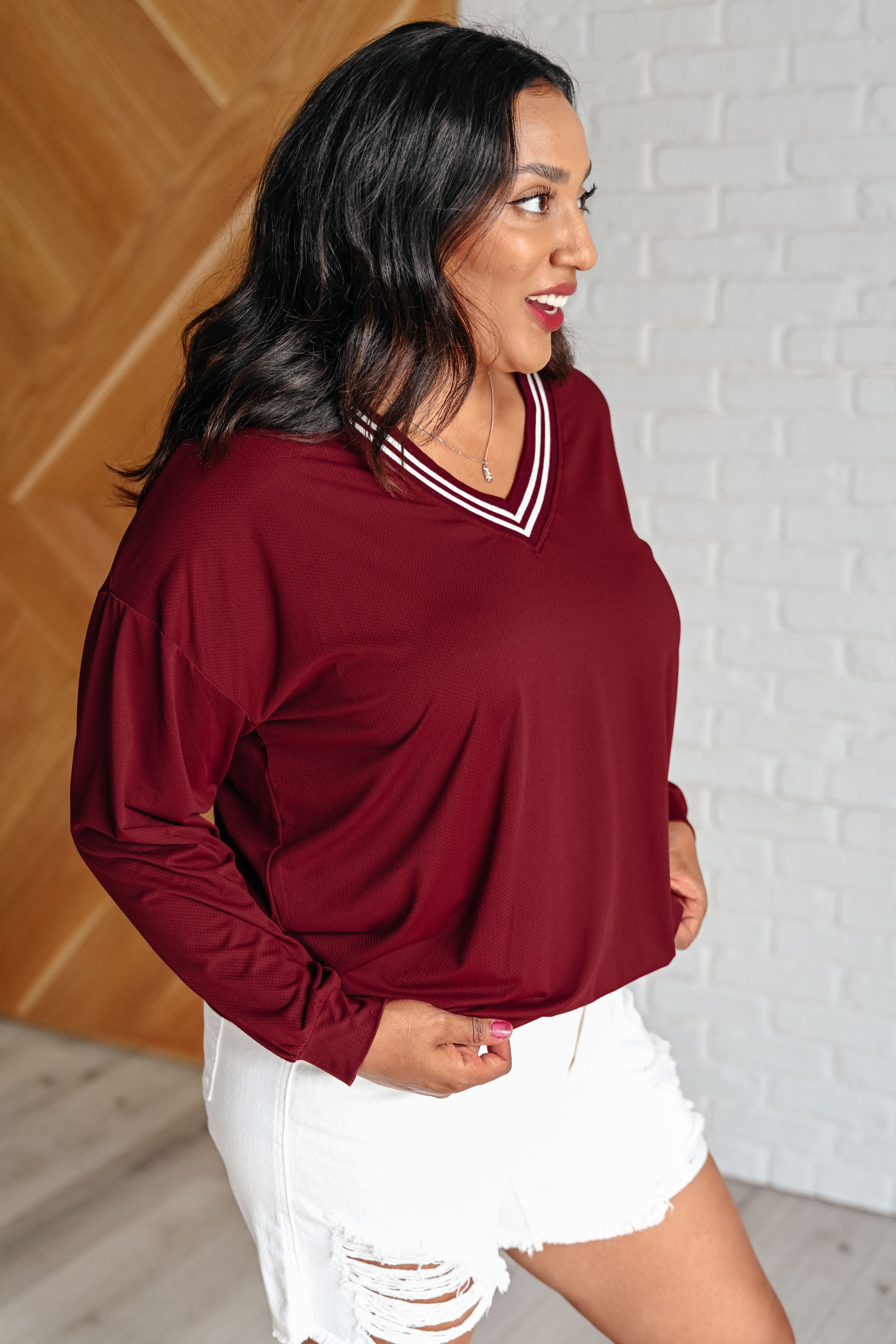 Rae Mode All Out Comfort V-Neck Pullover in Red Merlot Shirts & Tops