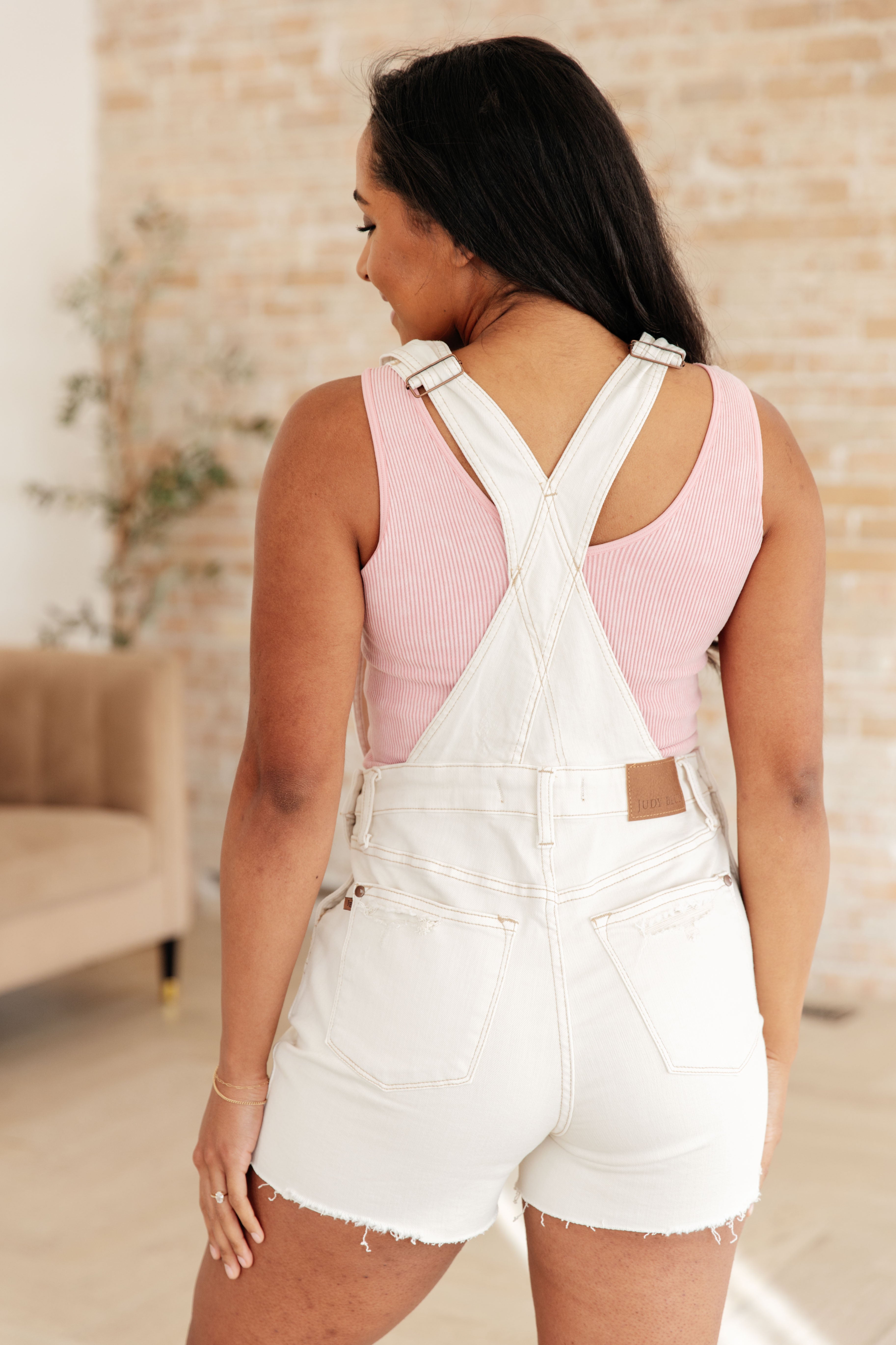 Judy Blue Anna High Rise Garment Dyed Cutoff Shortalls in Ecru Denim