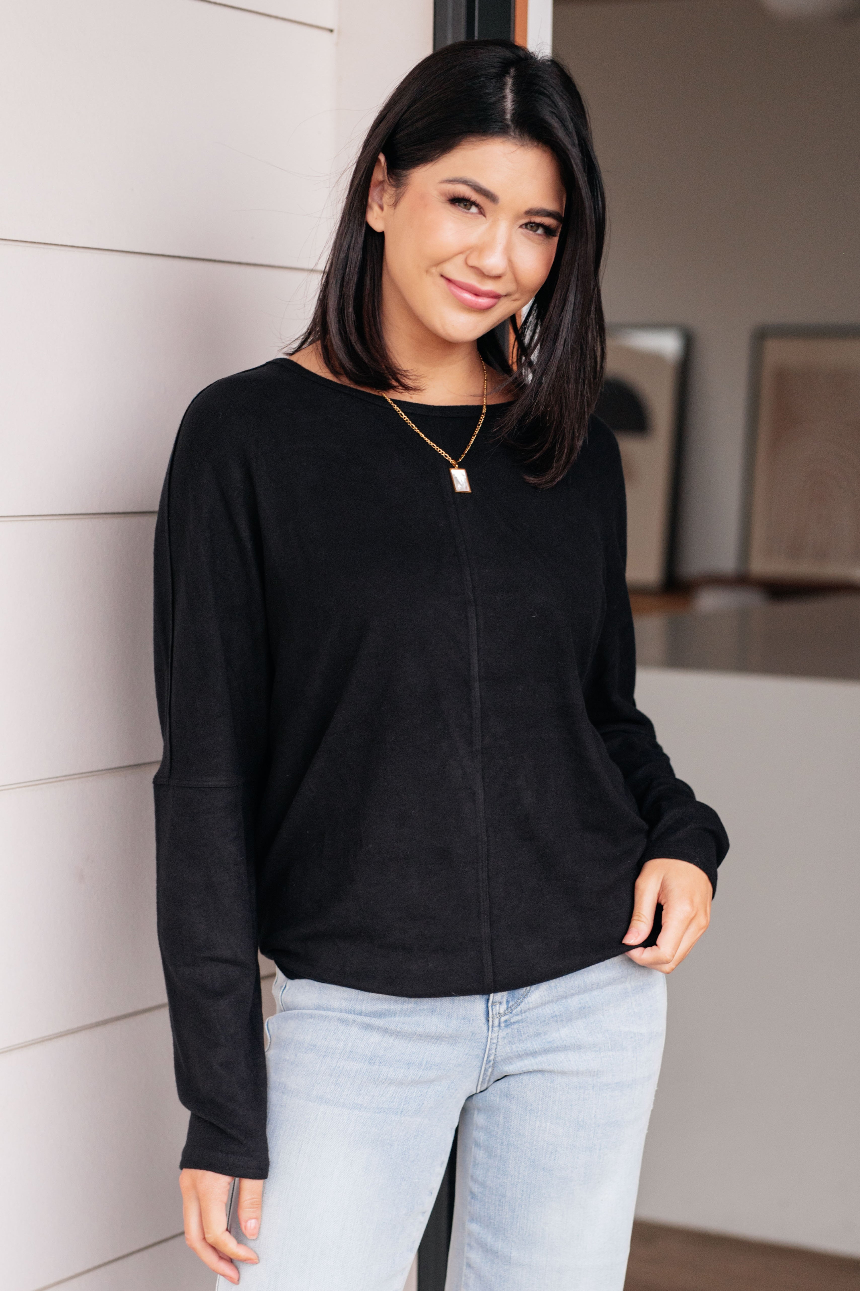 Very J Drive Downtown Black Dolman Long Sleeve Jersey Knit Top Tops