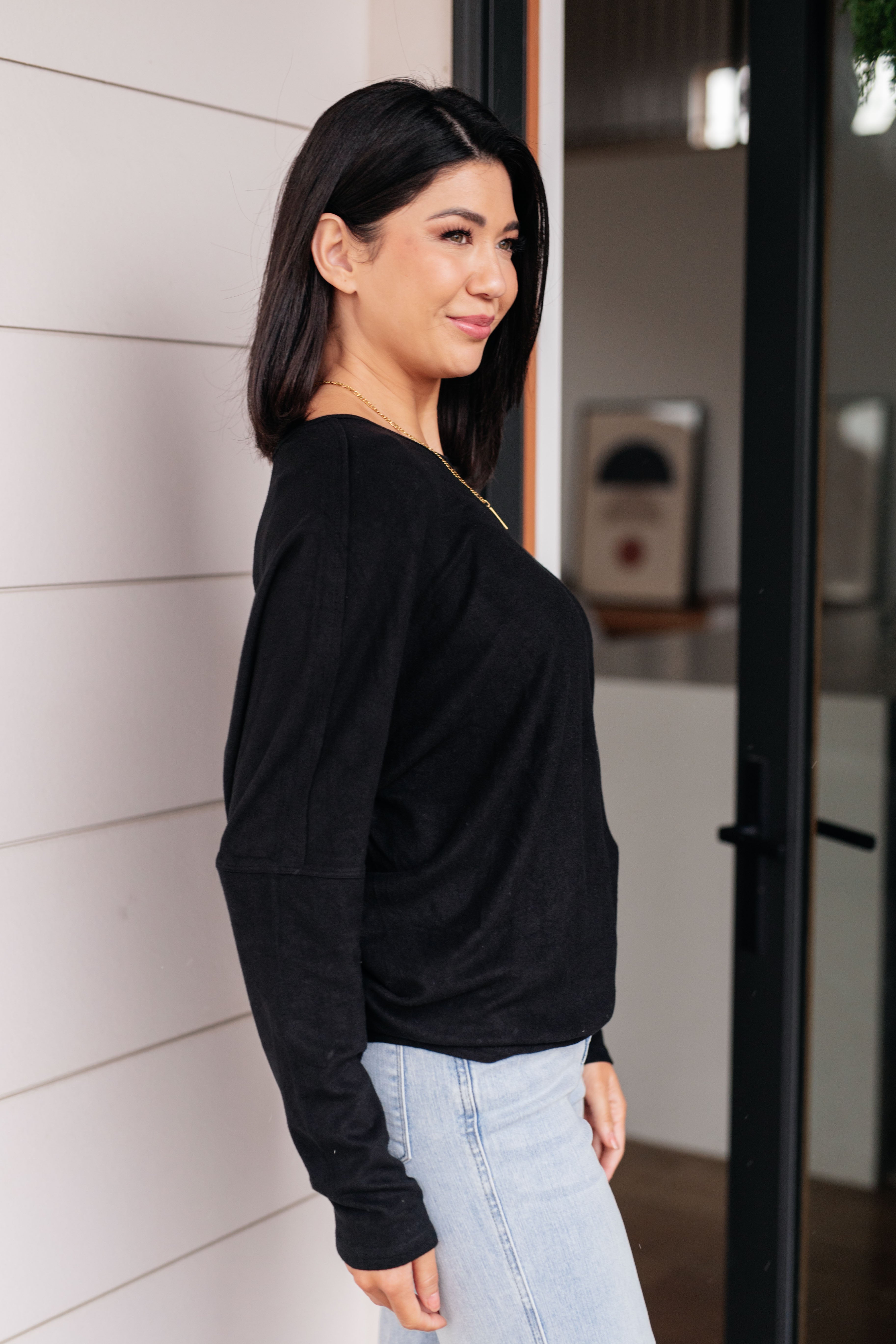 Very J Drive Downtown Black Dolman Long Sleeve Jersey Knit Top Tops