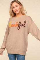 Haptics Feeling Thankful Taupe Pop Up Glittery Embroidery Sweater Haptics