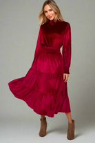 Haptics Burgundy Velvet Mock Neck Smocked Waist Dress Haptics