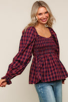 Haptics Red & Blue Smocking V-Neck Babydoll Plaid Woven Top