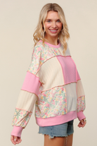 Haptics Pink Round Neck Bubble Long Sleeve Rib Cable Knit Floral Print French Terry Color Block Patchwork Pullover Knit Top