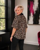 Haptics Sassy Season Split Neck Leopard Print Blouse Womens