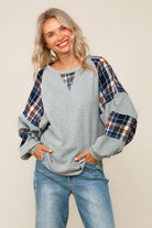 Haptics Gray & Navy Solid Thermal Knit Plaid Woven Loose Fit Sweater Top