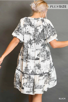 Umgee Black Two Tone Landscape Print Dress with Balloon Sleeves