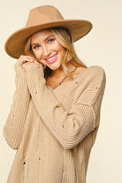 Haptics Eyes On You Taupe Distressed V Neck Ribbed Sweater Haptics