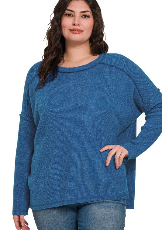 Zenana Navy Exposed Seam Brushed Ribbed Round Neck Sweater Shirts & Tops