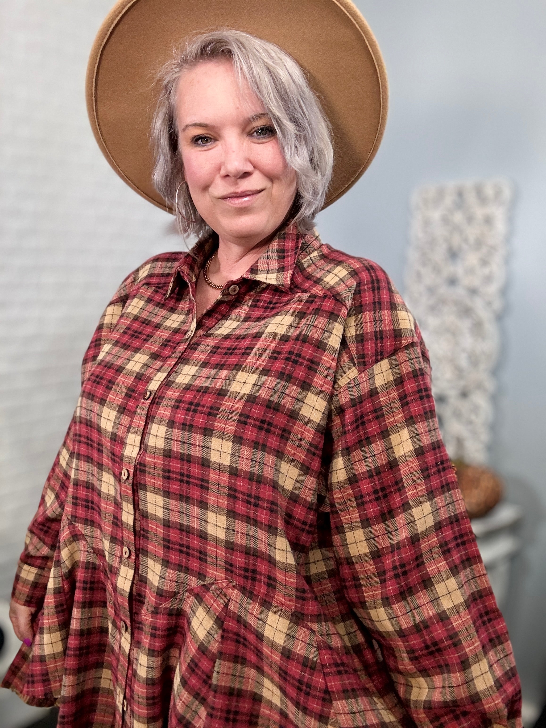 Haptics Burgundy/Taupe Plaid Button Down Sharkbite Shirt Trendsi