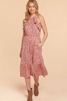 Haptics Rose Floral Halter Ruffle Hem Pocketed Midi Dress Final Sale Haptics