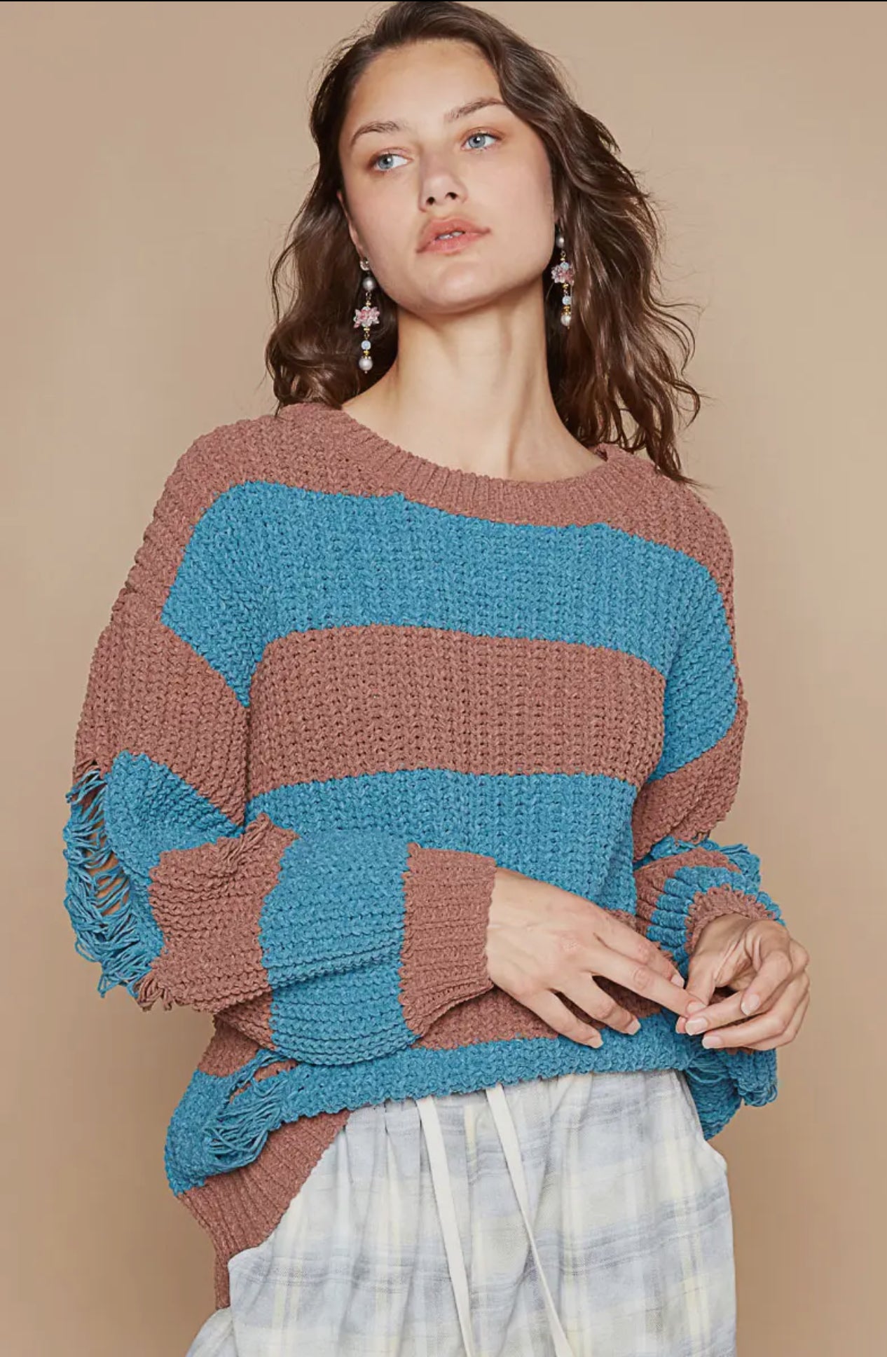 POL Striped Distressed Long Sleeve Sweater Trendsi