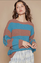 POL Striped Distressed Long Sleeve Sweater Shirts & Tops