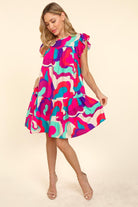 Haptics Go For Fun Fuchsia Geo Print Tiered Ruffle Sleeve Woven Dress Final Sale