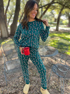 Preorder: Candy Cane Print Round Neck Top and Pants Lounge Set Trendsi