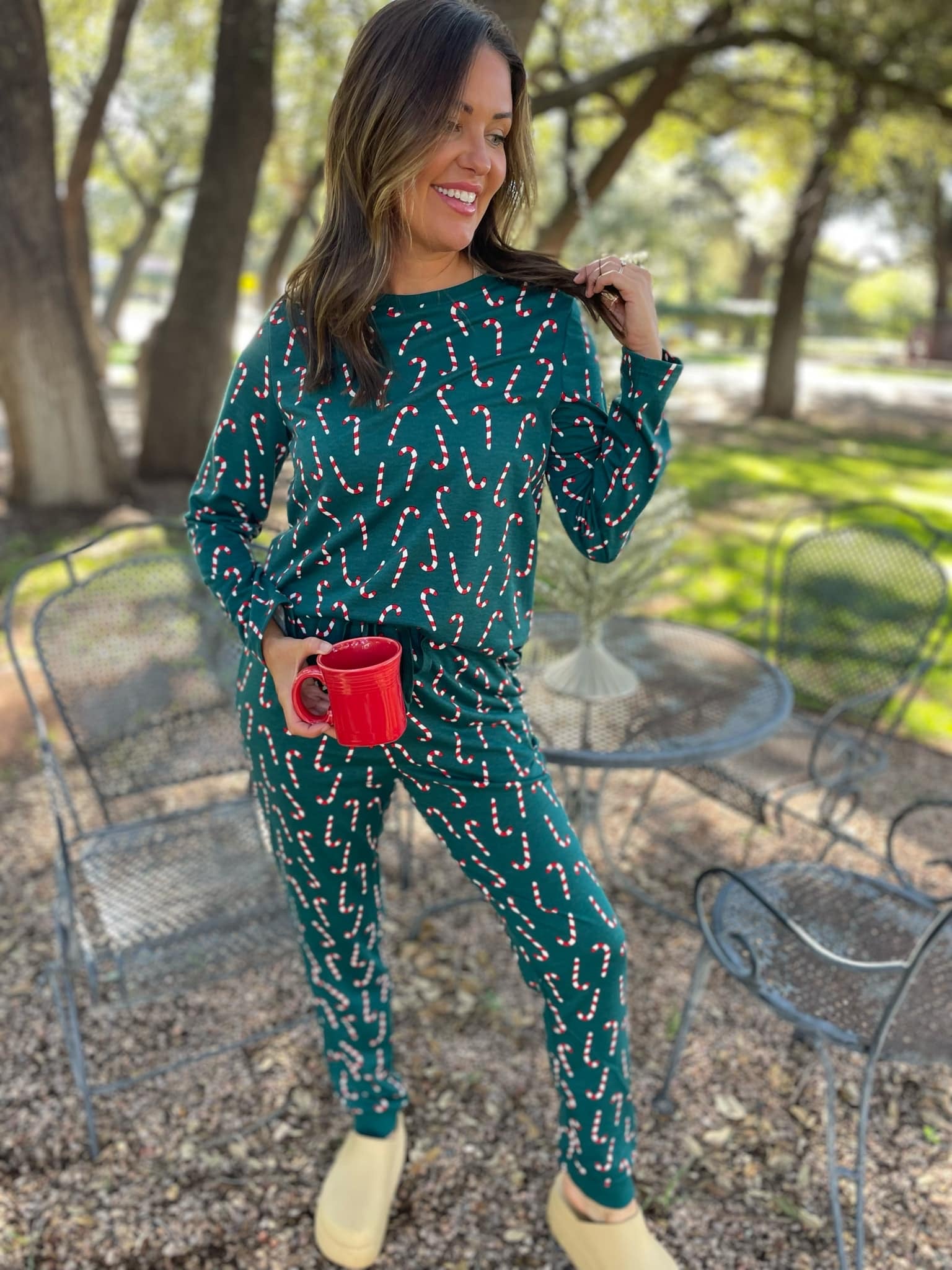 Preorder: Candy Cane Print Round Neck Top and Pants Lounge Set Trendsi