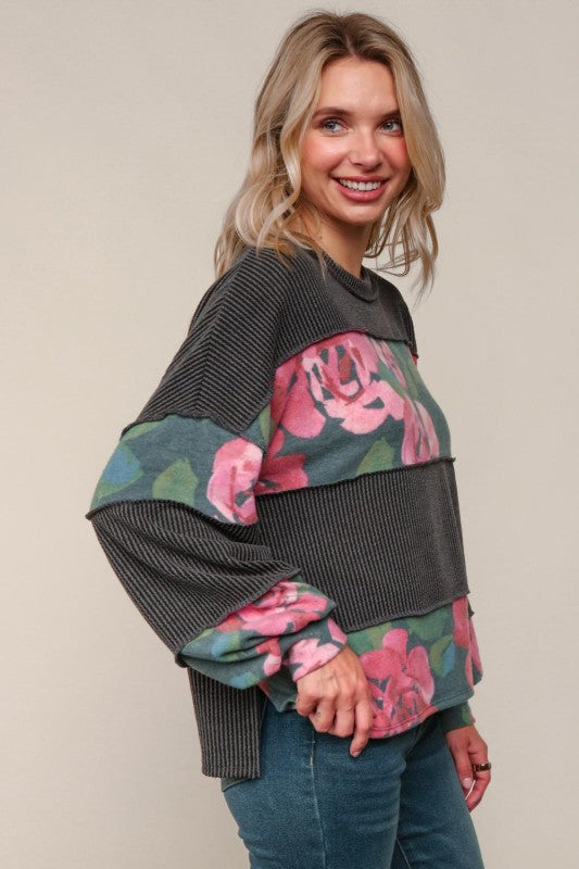 Haptics Floral & Charcoal Color Block Bubble Long Sleeve Knit Top