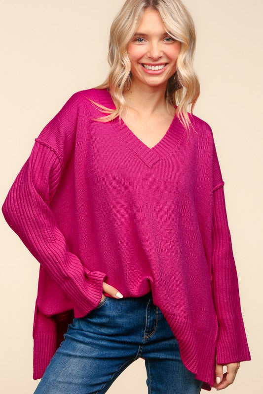 Haptics Magenta Oversized V Neck Rib Knit Sweater Haptics