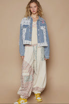 POL Dusty Blue Crochet Patch Embroidered Button Up Jacket Coats & Jackets