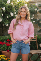 Jodifl Pretty in Pink Puff Sleeve Button Top