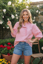 Jodifl Pretty in Pink Puff Sleeve Button Top