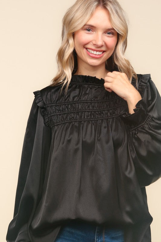 Haptics Be Your Best Black Satin Shirred Yoke Frilled Mock Neck Top Haptics