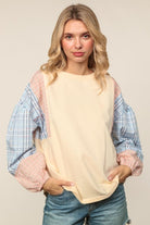 Haptics Solid Pullover Knit Top with Plaid Sleeves – Oatmeal/Blush/Blue