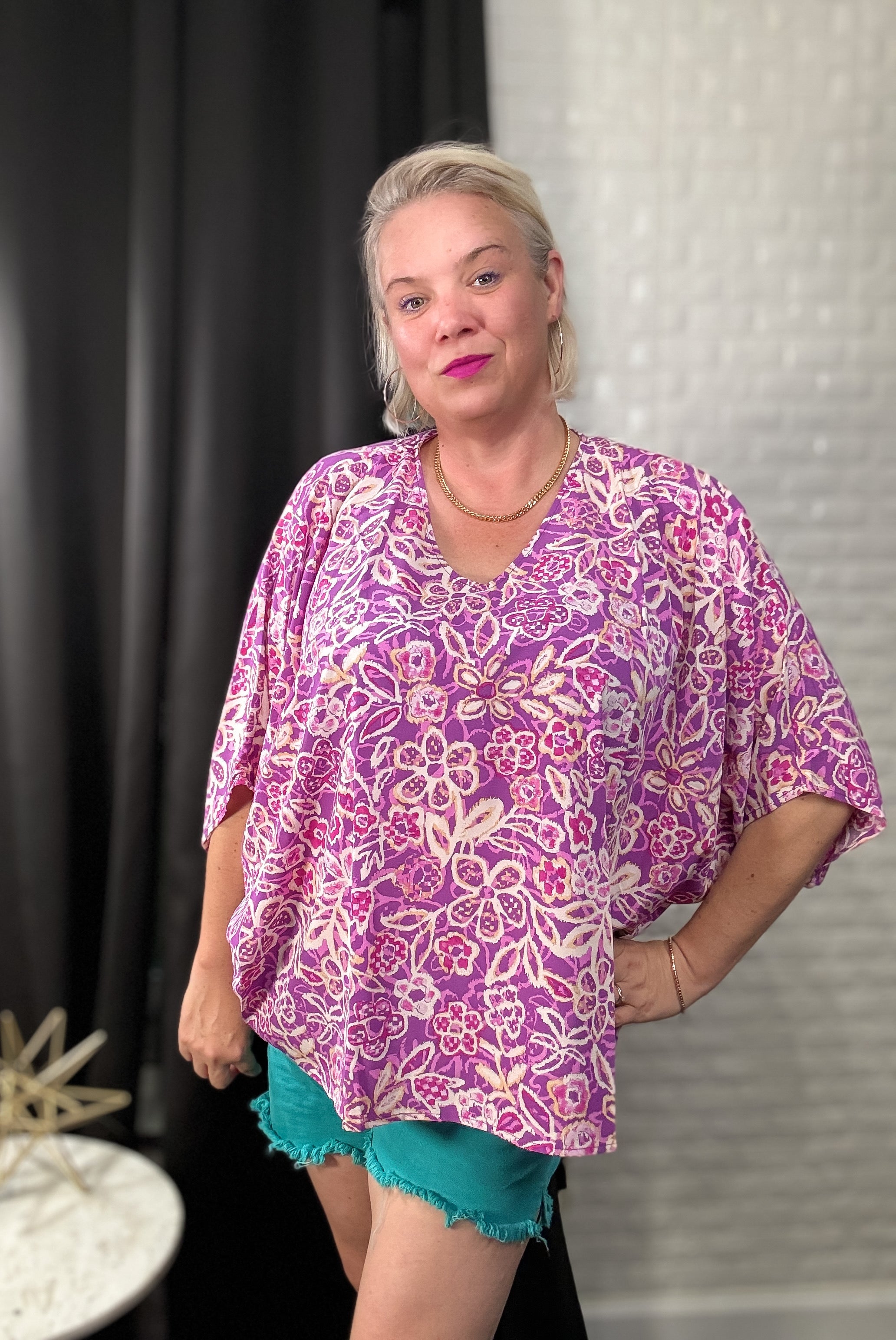 Emily Wonder Floral Printed Poncho Woven Top in Orchid 2XL 3XL Ave Shops