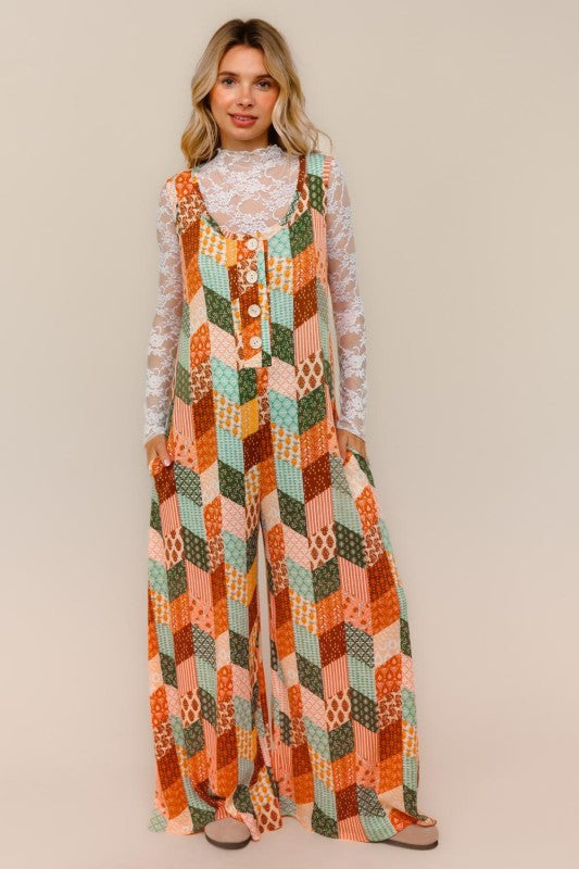 Haptics Button Down Boho Patchwork Wide Leg Jumpsuit