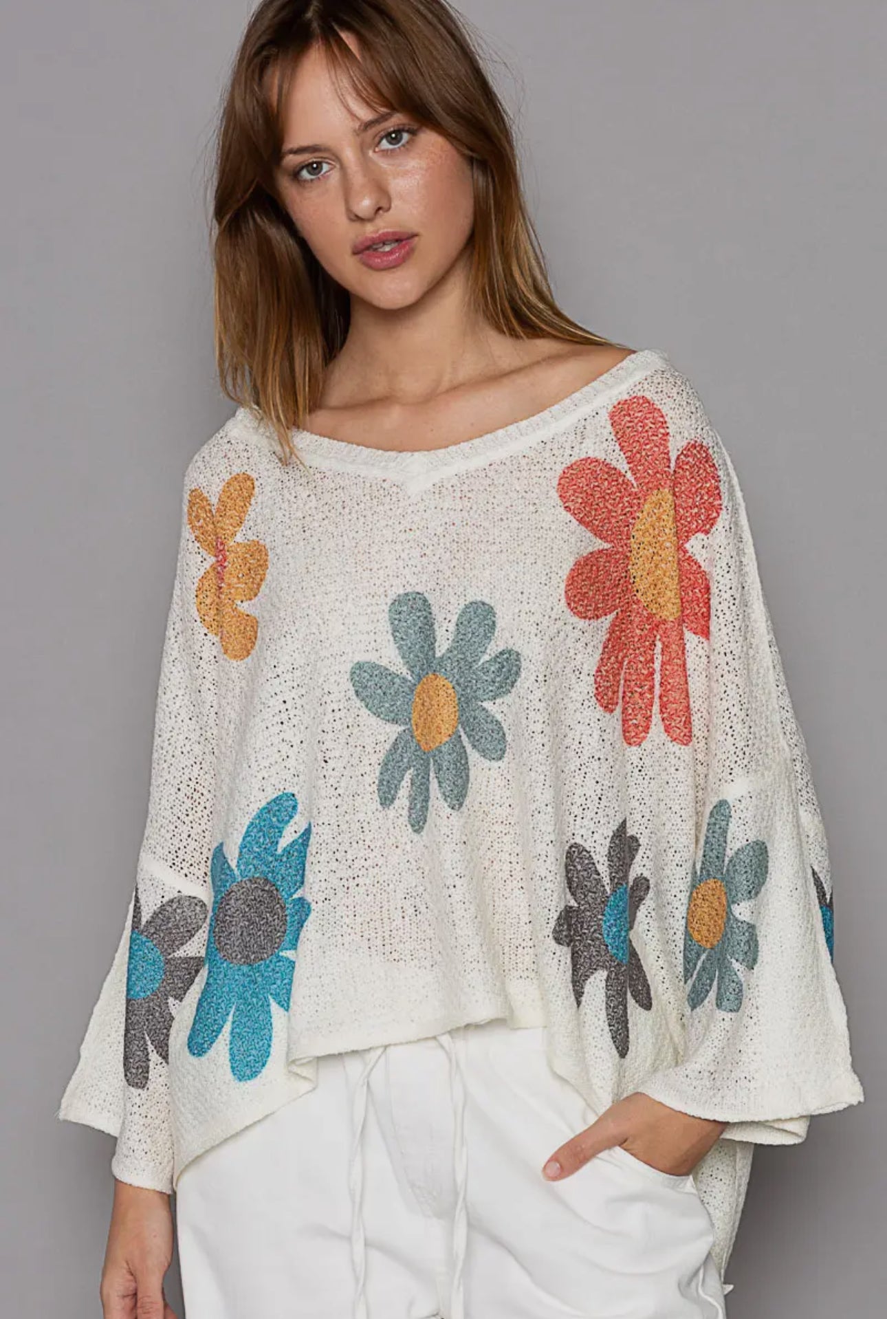 POL Ivory Flower Dropped Shoulder Long Sleeve Knit Top Ivory Shirts & Tops