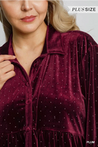 Umgee Burgundy Velvet Beaded Button Up Half Sleeve Tunic Shirts & Tops