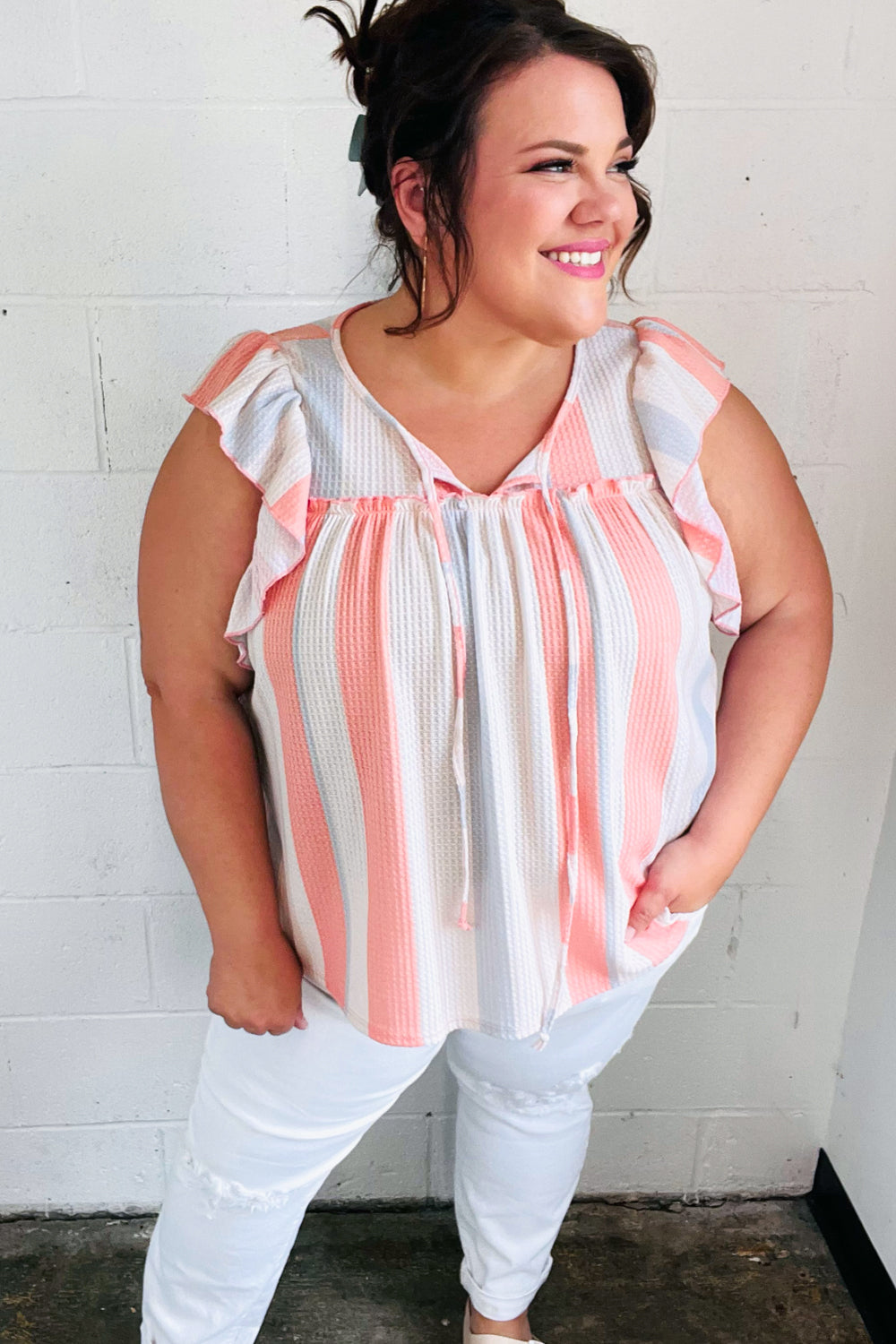 Sugarfox Coral & Light Blue Stripe Waffle Tie Neck Top