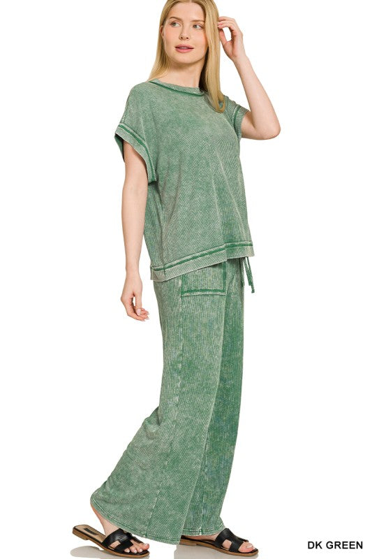 Zenana Black Ribbed Acid Wash Rayon Top & Pants Set