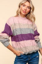 Haptics Mauve Multicolor Stripe Cable Knit Mock Neck Sweater Haptics