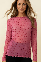 Haptics Heart Print Mesh Long Sleeve Semi-Sheer Top – Pink/Red