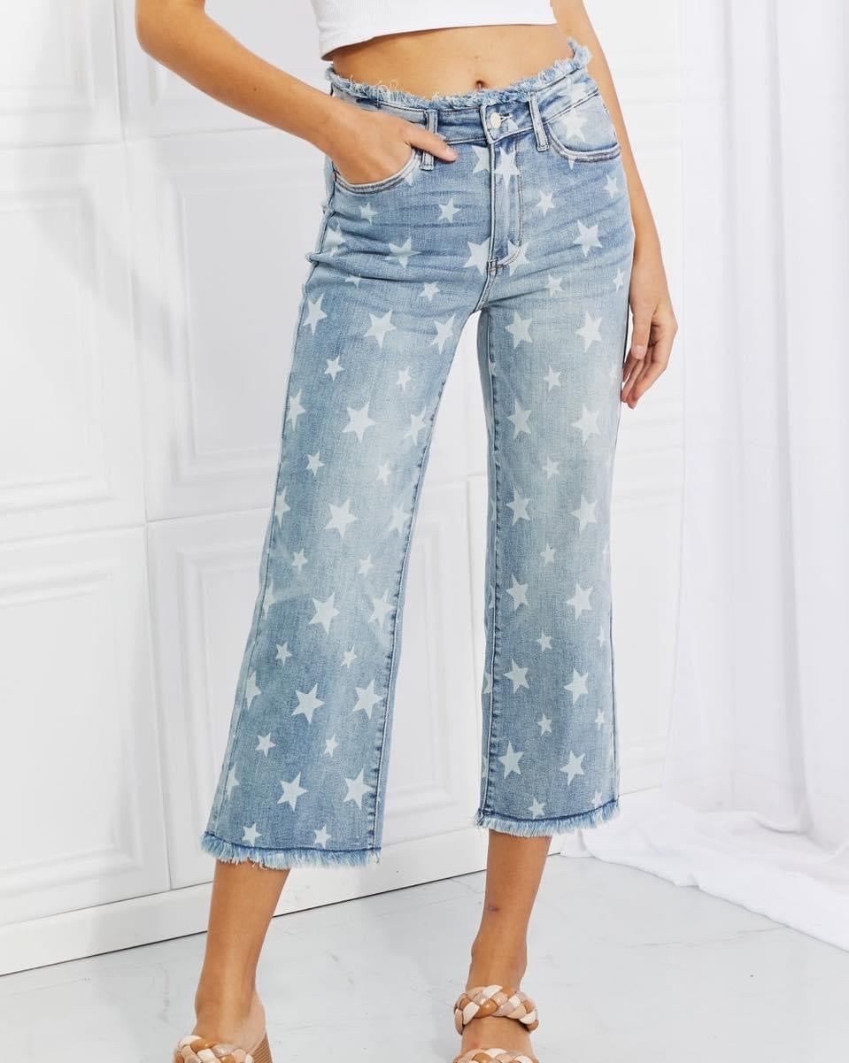 Judy Blue High Waist Star Print Frayed Hem Cropped Straight Jeans Final Sale Ruby Idol Apparel