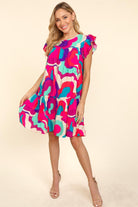 Haptics Go For Fun Fuchsia Geo Print Tiered Ruffle Sleeve Woven Dress Final Sale