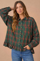 Ruffle the Rules Plaid Flannel Top in Green