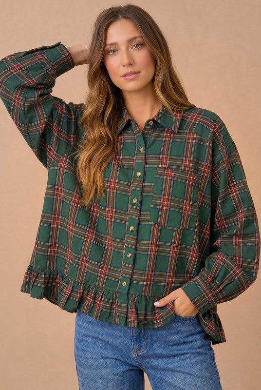 Ruffle the Rules Plaid Flannel Top in Green