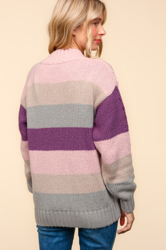 Haptics Mauve Multicolor Stripe Cable Knit Mock Neck Sweater Haptics