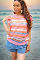 Haptics Pretty In Pink & Blue Striped Netted Crochet Dolman Sweater Top Final Sale Haptics