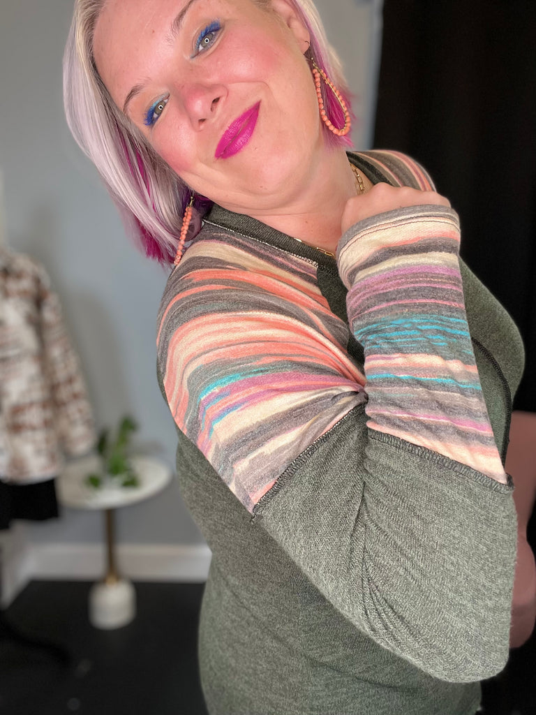 Heimish Olive Solid and Stripe Long Sleeve Top Black Friday