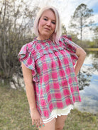 Haptics Fuchsia Plaid Shirred Yoke Flutter Sleeve Top Haptics