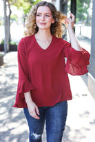 Haptics Falling In Love Rust Hi-Lo Ruffle Sleeve Woven Top Haptics