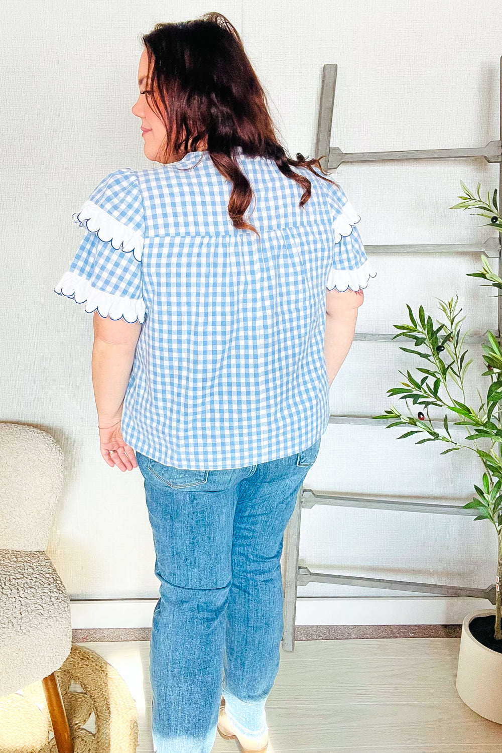 Haptics Cotton Blue Gingham Shirred Mock Neck Top Shirts & Tops