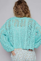 POL Aqua Cable-Knit Openwork V-Neck Button Up Cardigan