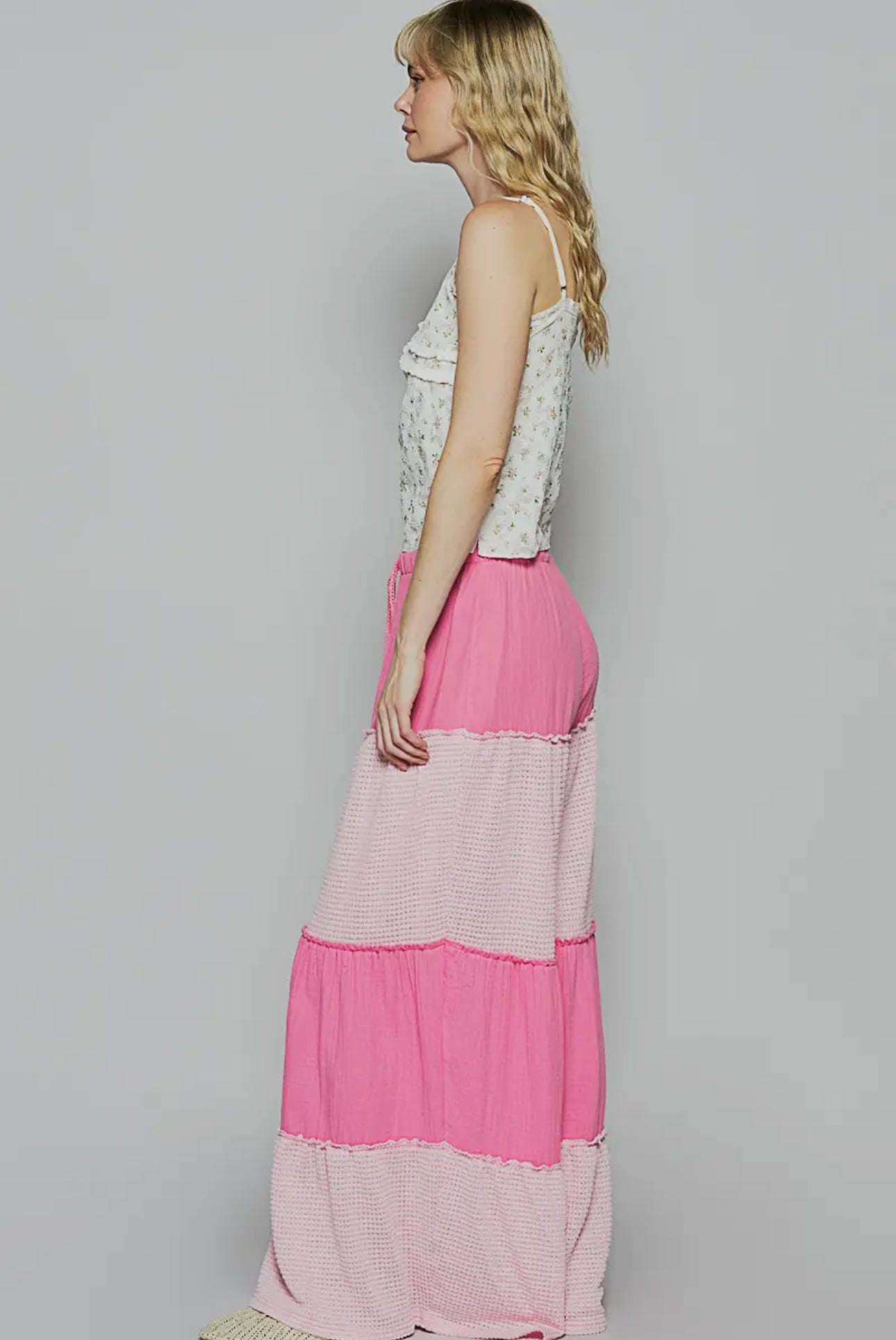 POL Hot Pink Double Gauze Two Tone Drawstring Wide Leg Pants