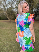 Jodifl Royal Mix Ruffled Floral Cap Sleeve Dress Ruby Idol Apparel