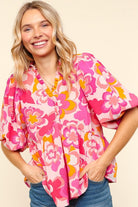 Haptics Pink/Yellow Floral Frill Balloon Short Puff Sleeve Blouse Shirts & Tops